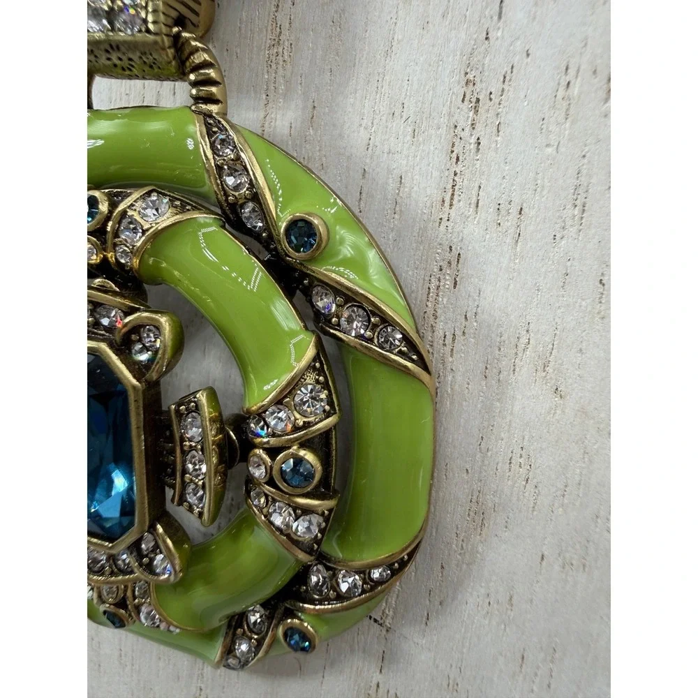 NWTS Heidi Daus Newport Chic II Enamel & Crystal Necklace Green Medallion & Cord